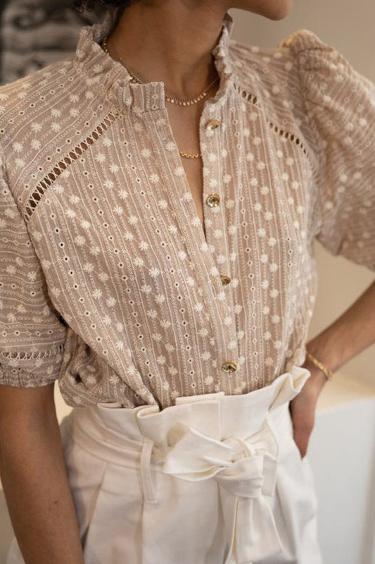 Lantern Sleeve Button Front Top
