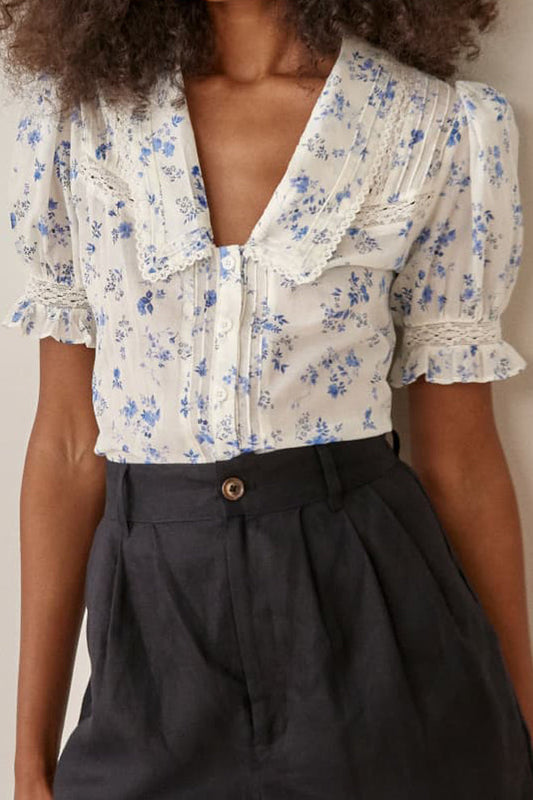 V-Neck Printed Short Bubble Sleeve Top