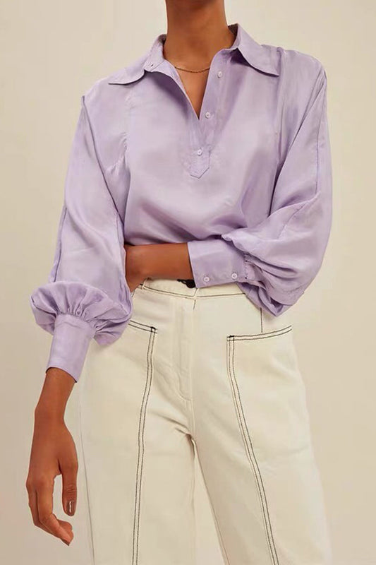 Lapel Button Front Lantern Sleeve Top