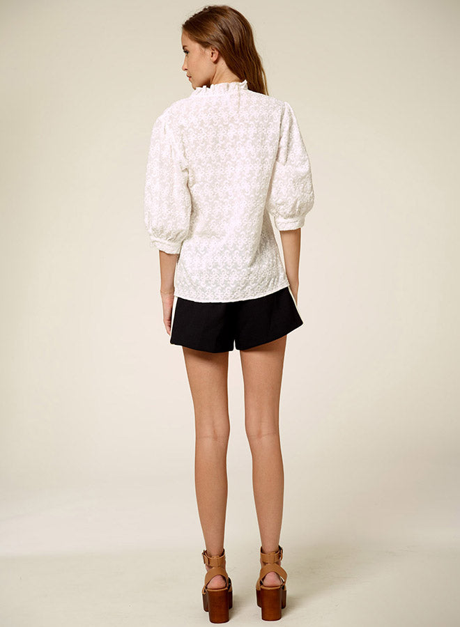 V-Neck Bubble Sleeve Embroidered Lace Shirt
